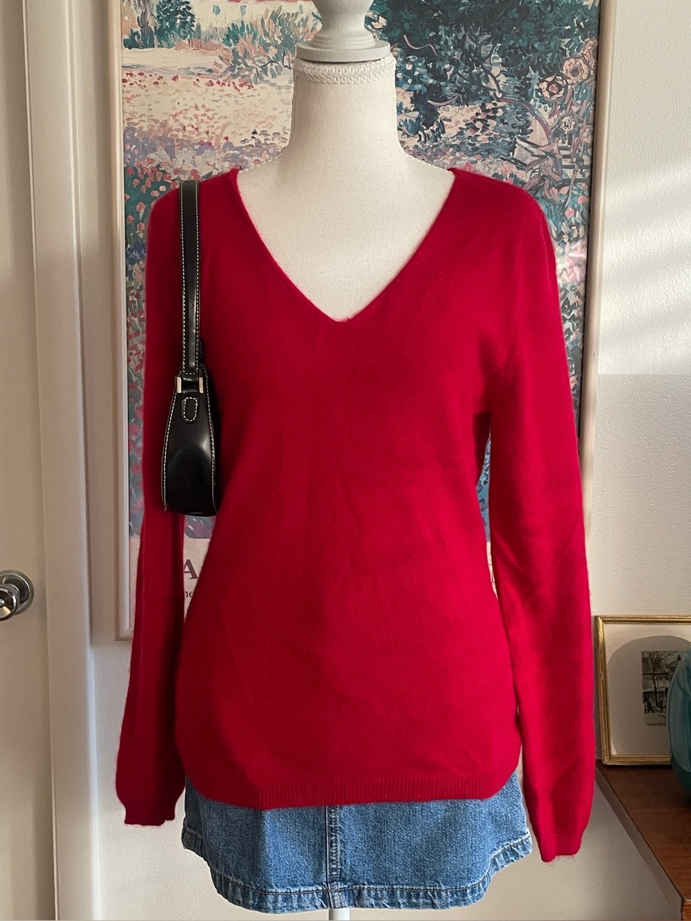 Vintage Y2K Cashmere Sweater Women Large Red V-Neck Quiet Luxury Coquette Preppy